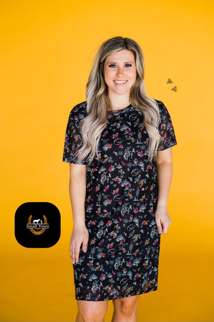Western Wink Dress | Western Print Cowgirl Mid-Length Dress