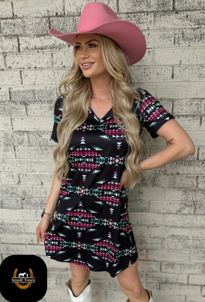 Southern Nights Dress | Western Aztec Cowgirl Black T-Shirt Dress