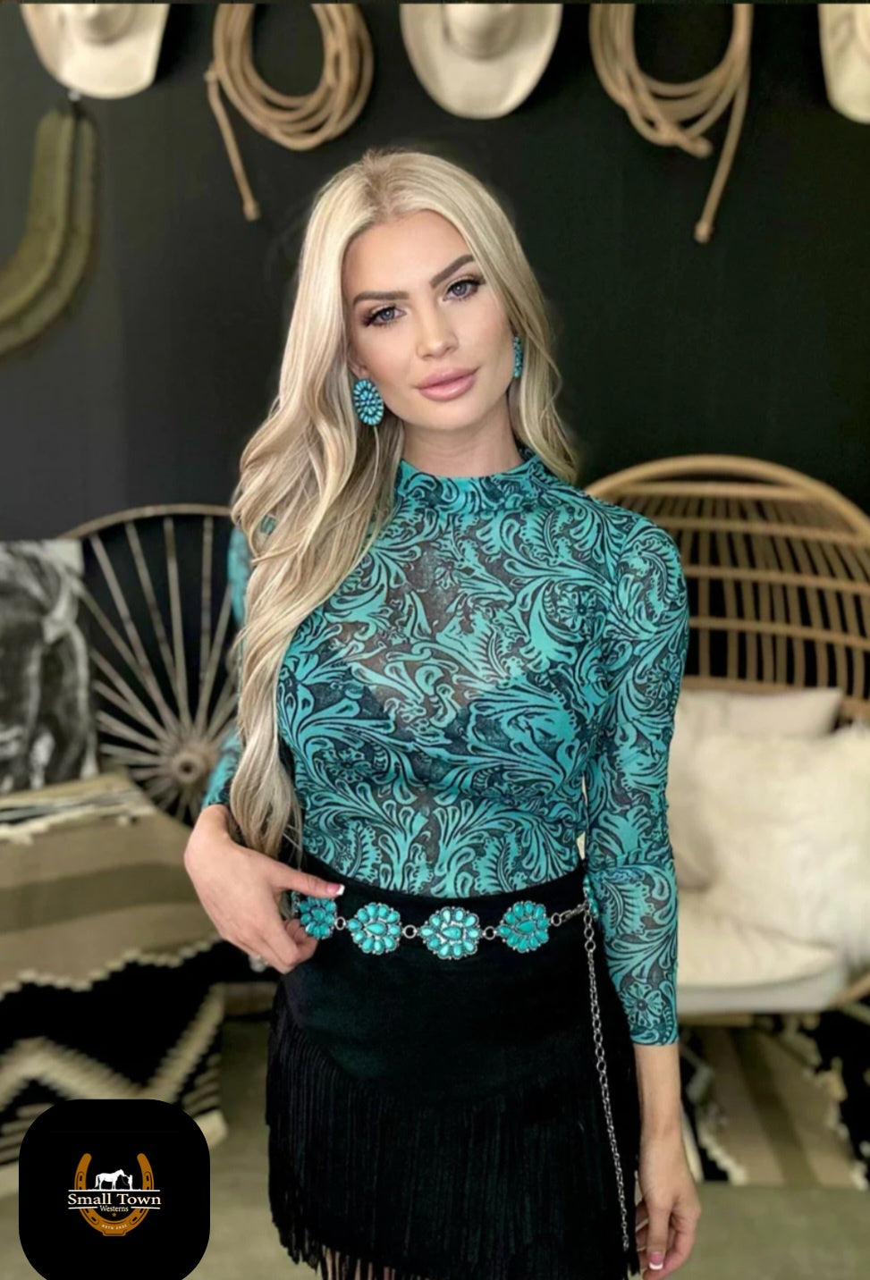Tooled In Turquoise Mesh Top | Western Cowgirl Long Sleeve Top