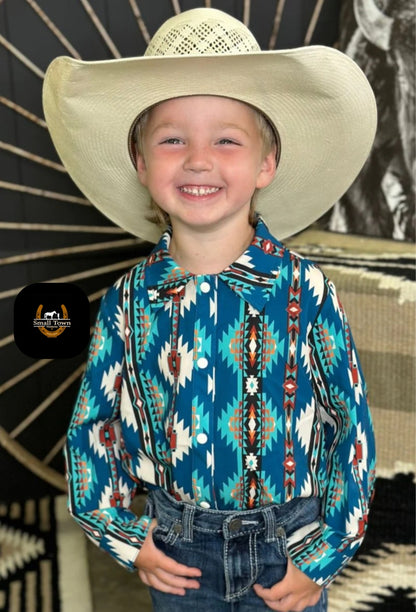 Huckleberry Trail Pearl Snap | Western Kids Teal Aztec Button-Up Pearl Snap