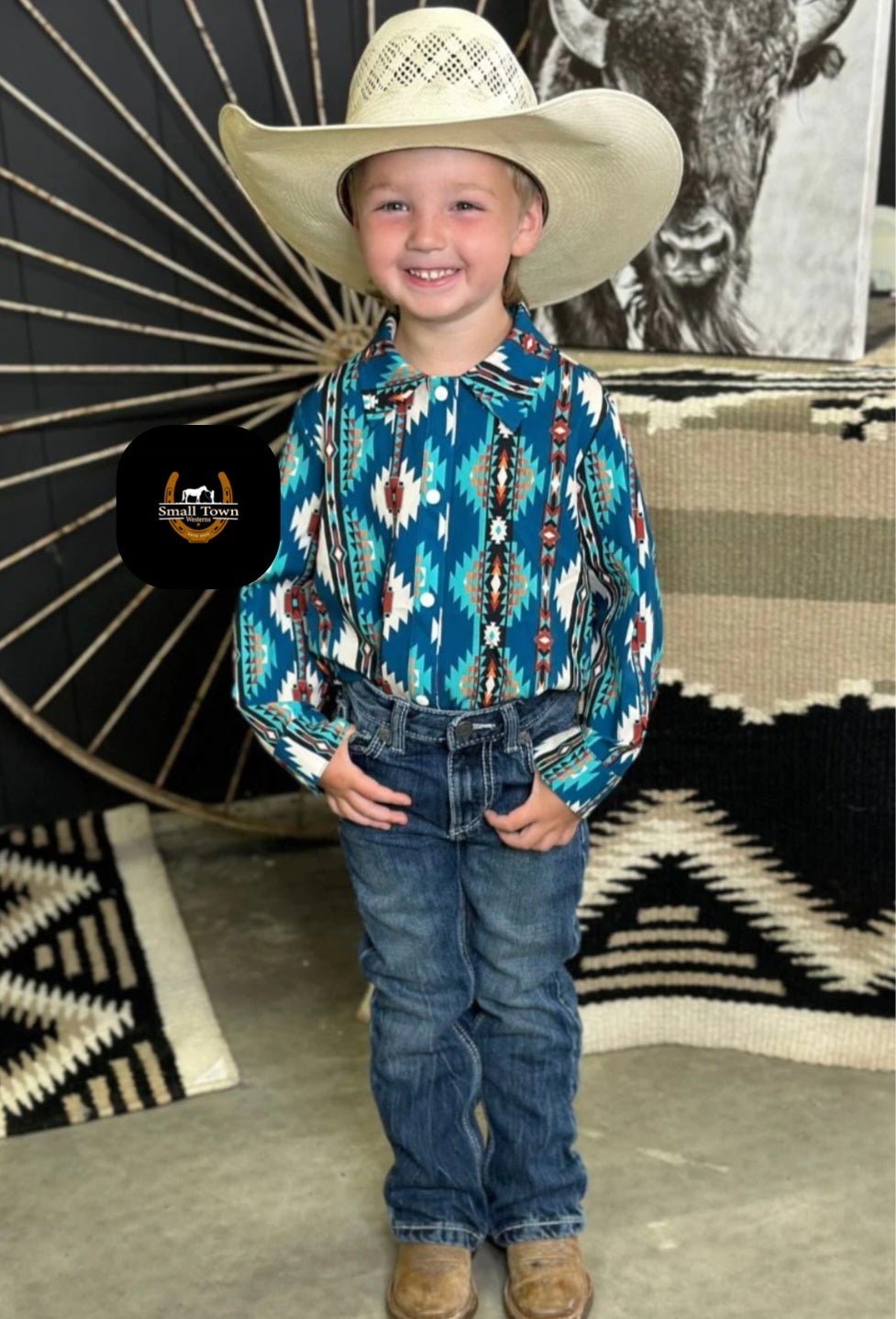 Huckleberry Trail Pearl Snap | Western Kids Teal Aztec Button-Up Pearl Snap