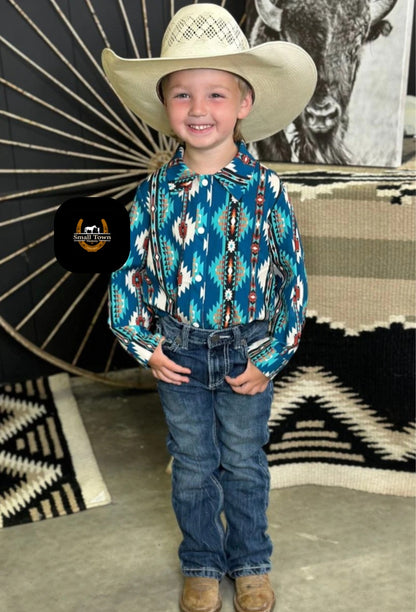 Huckleberry Trail Pearl Snap | Western Kids Teal Aztec Button-Up Pearl Snap