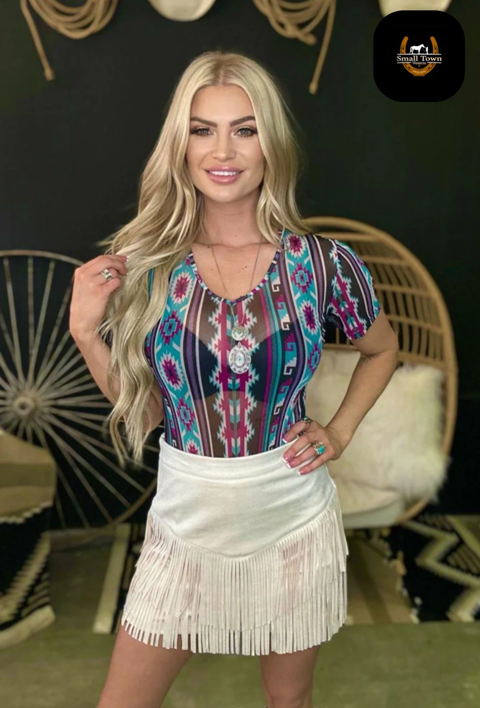 Take It Easy Bodysuit | Western Cowgirl Aztec Mesh Bodysuit