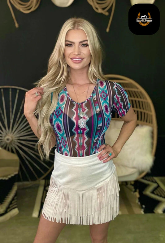 Take It Easy Bodysuit | Western Cowgirl Aztec Mesh Bodysuit