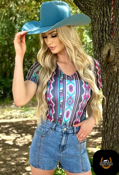 Take It Easy Bodysuit | Western Cowgirl Aztec Mesh Bodysuit