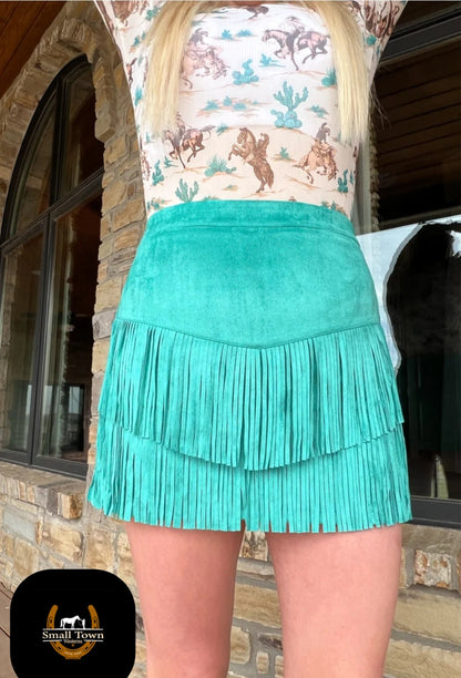 Fort Worth Fringe Skirt - Turquoise | Western Cowgirl Fringe Mini Skirt