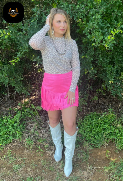 Snow Leopard Mesh Top | Western Leopard Print Cowgirl Long Sleeve Top