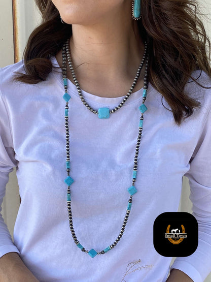 14" Faux Navajo Pearl w/ Turquoise Square Necklace