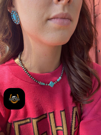 16" Faux Navajo Pearl w/ Turquoise Diamond Necklace