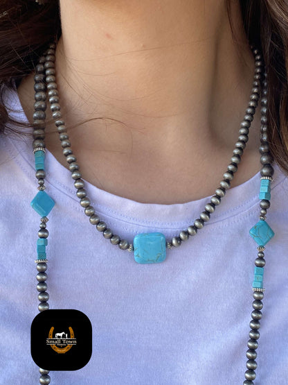 14" Faux Navajo Pearl w/ Turquoise Square Necklace