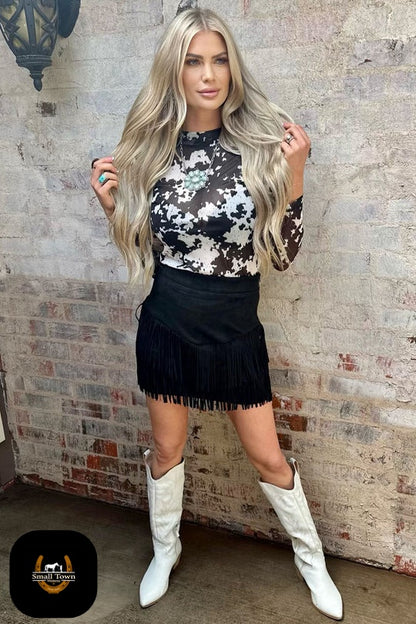 Cow Town Mesh Top | Western Cow Print Cowgirl Long Sleeve Top
