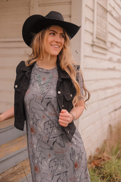 Cosmic Cowtown Dress | Western Print Cowgirl Mesh T-Shirt Dress