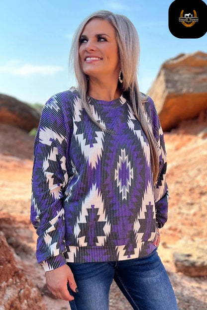 Western Stars Sweater | Western Aztec Cowgirl Oversized Sweater Purple