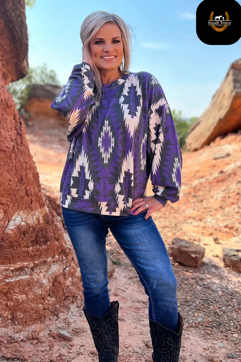 Western Stars Sweater | Western Aztec Cowgirl Oversized Sweater Purple