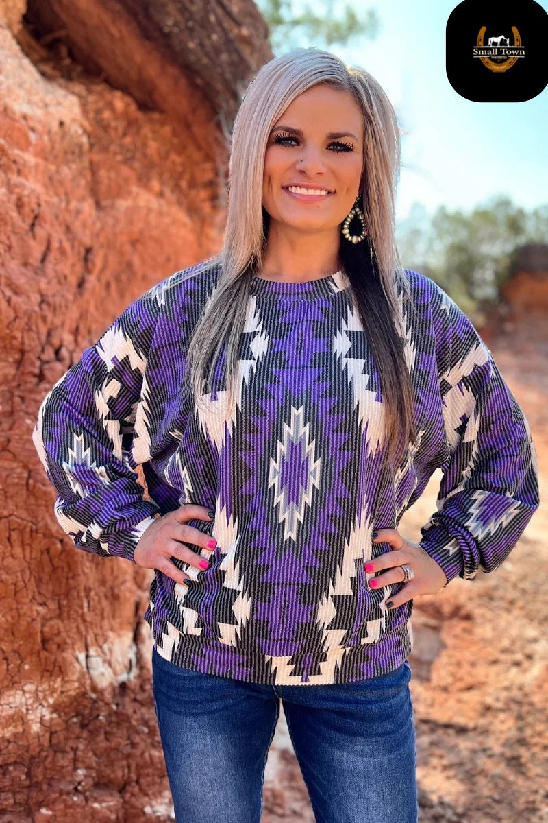 Western Stars Sweater | Western Aztec Cowgirl Oversized Sweater Purple