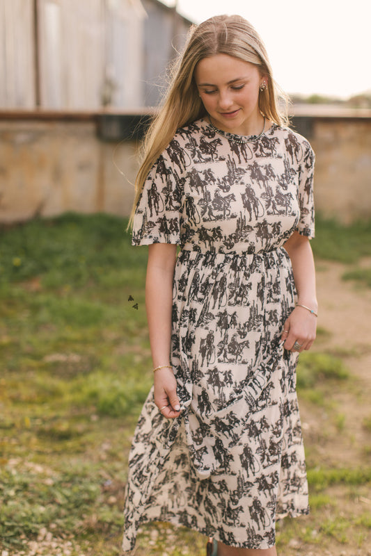 Wanderer Dress | Western Cowboy Print Cowgirl Mesh Maxi Dress