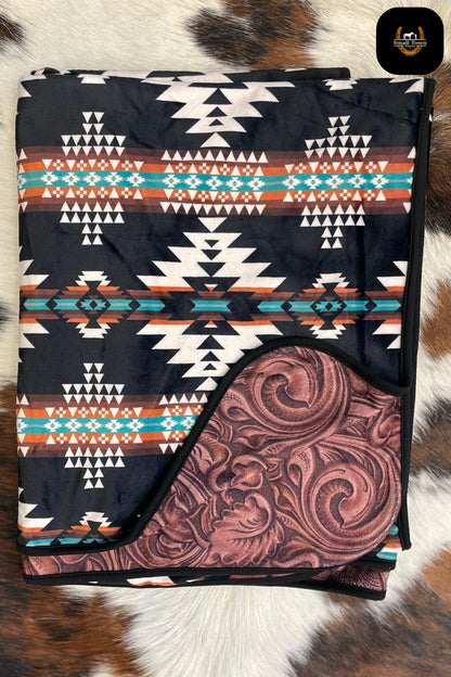 Tooled In Arizona Blanket | Western Tooled Leather Aztec Reversible Throw