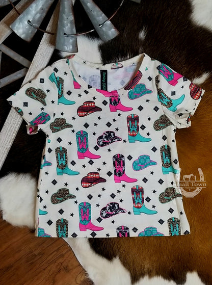 Hey Darlin Kids Top | Western Cowgirl Kids Top Boots & Hats Print