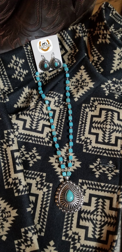 Turquoise Bead Pendant Set | Western Cowgirl Turquoise Necklace & Earring Set