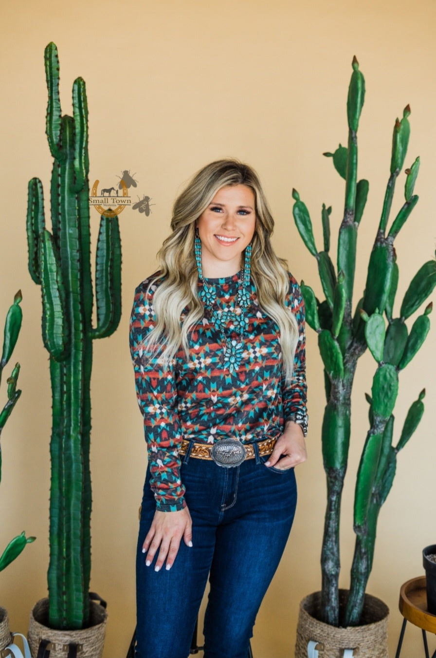 Sante Fe Mood Top | Western Aztec Cowgirl Long Sleeve Top