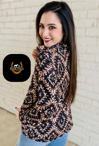Can't Spot Me Pullover | Western Cowgirl Aztec Cheetah Quarter-Zip Pullover