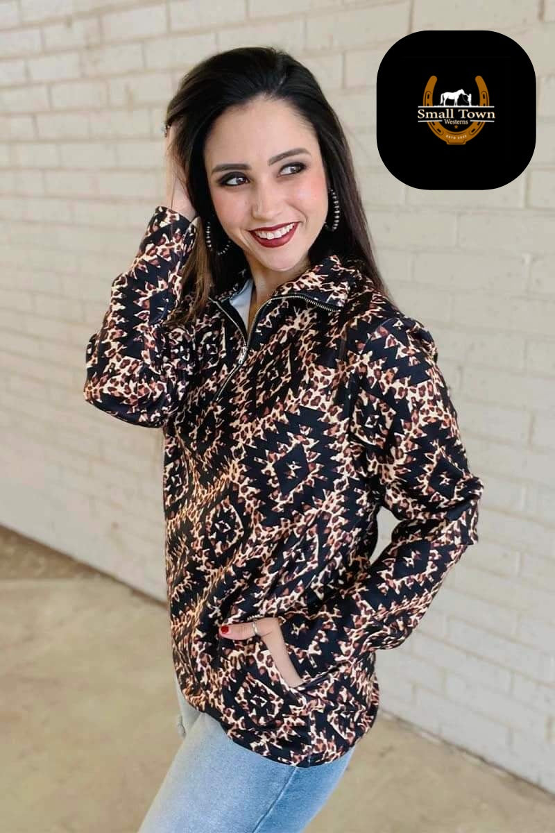Can't Spot Me Pullover | Western Cowgirl Aztec Cheetah Quarter-Zip Pullover