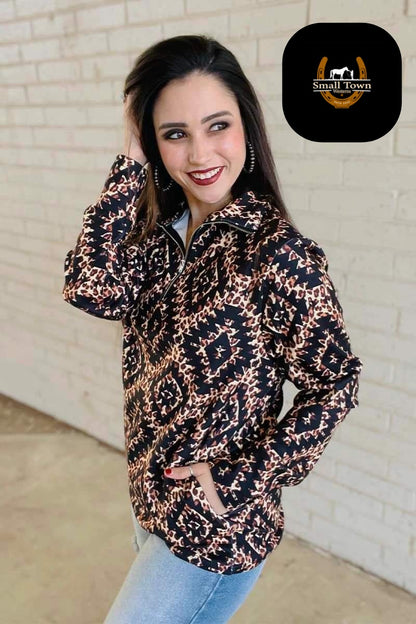 Can't Spot Me Pullover | Western Cowgirl Aztec Cheetah Quarter-Zip Pullover
