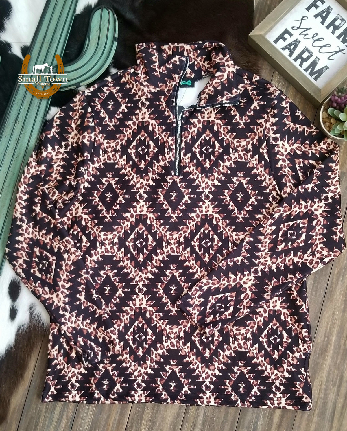 Can't Spot Me Pullover | Western Cowgirl Aztec Cheetah Quarter-Zip Pullover