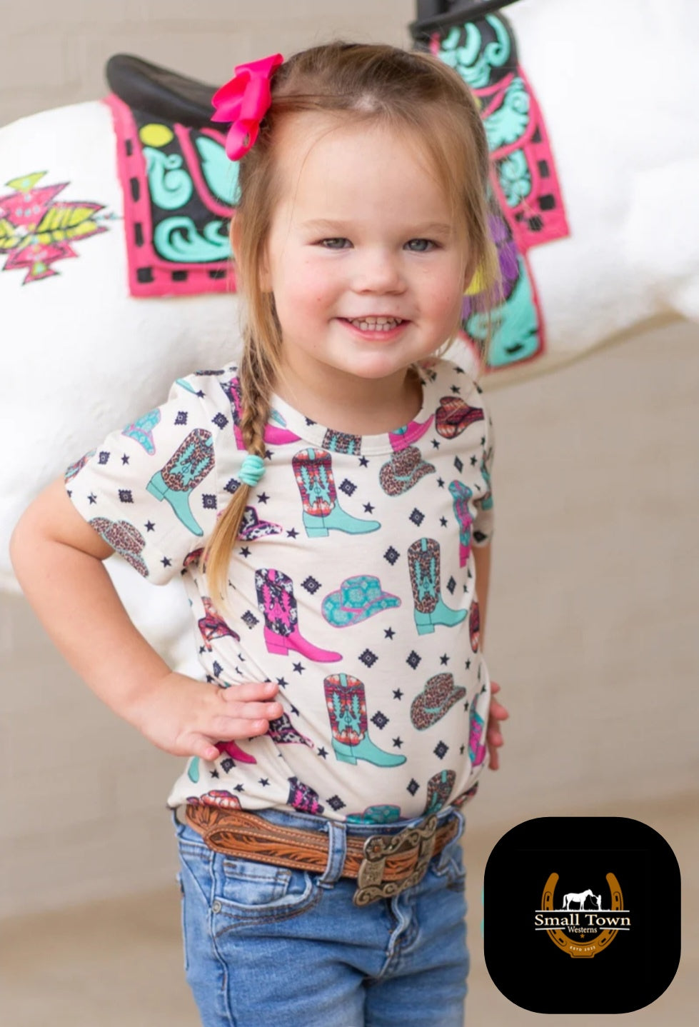 Hey Darlin Kids Top | Western Cowgirl Kids Top Boots & Hats Print