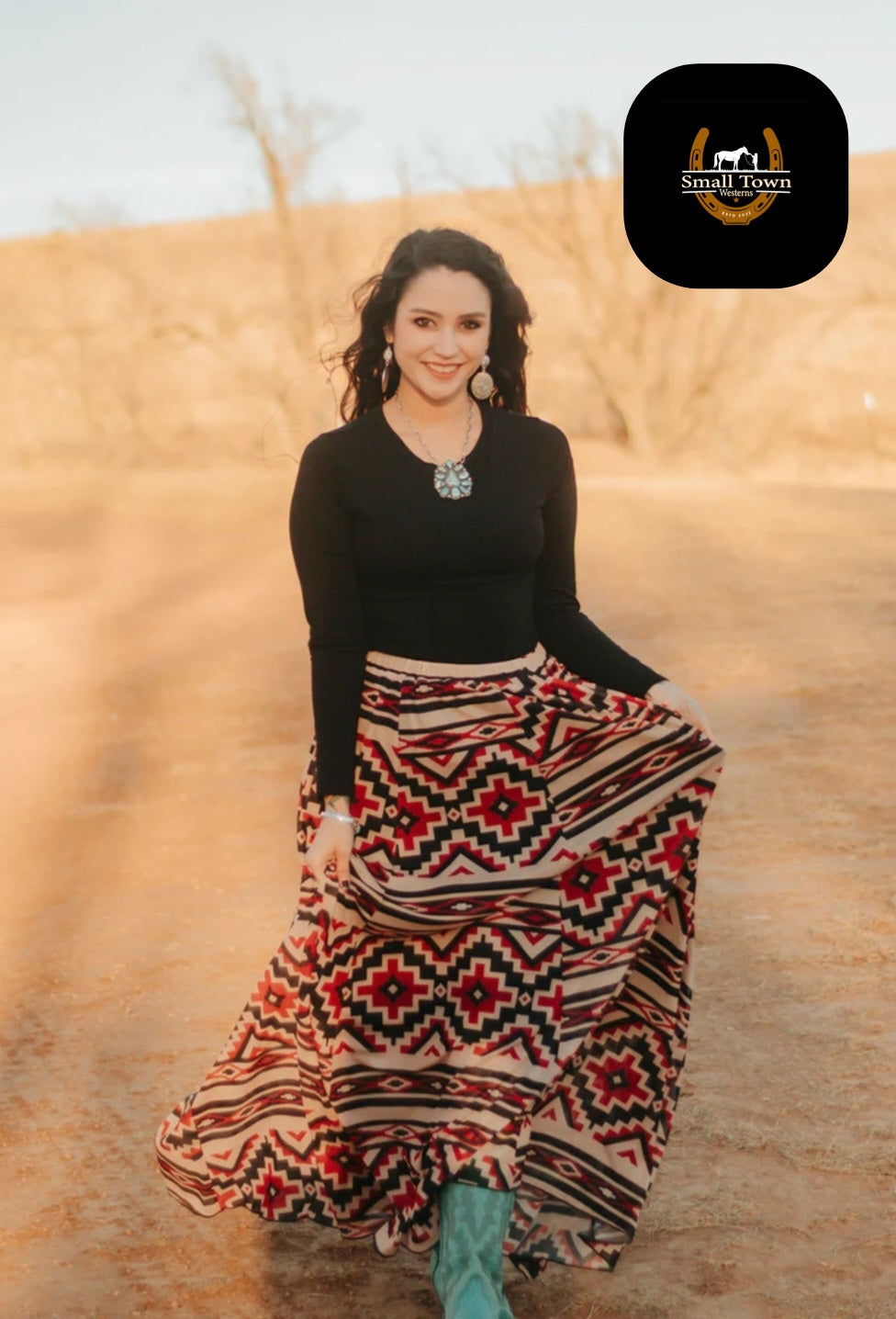 Caribou Canyon Skirt | Western Aztec Cowgirl Midi Skirt Elastic Waist