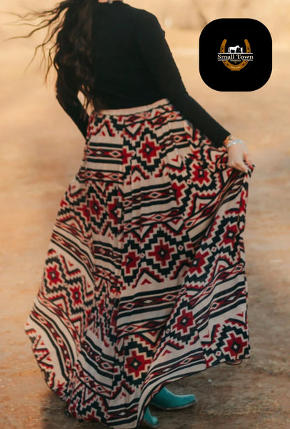 Caribou Canyon Skirt | Western Aztec Cowgirl Midi Skirt Elastic Waist