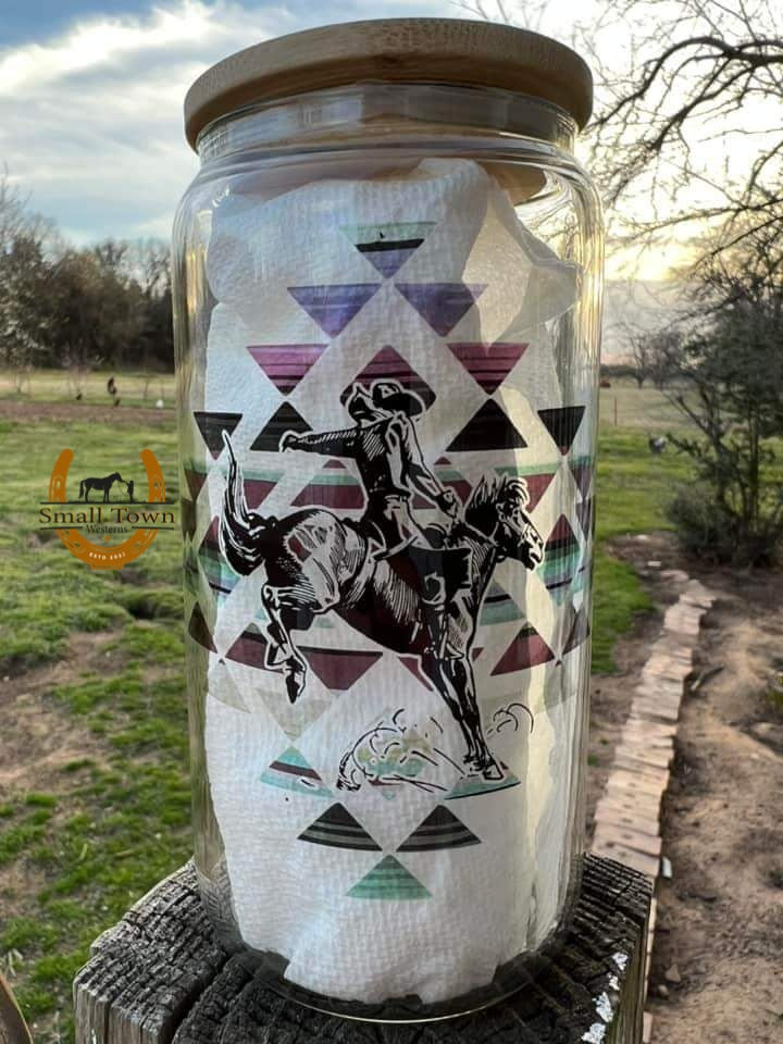 Serape Cowboy Glass Cup | Western Cowgirl Serape 16oz Glass Cup with Bamboo Lid