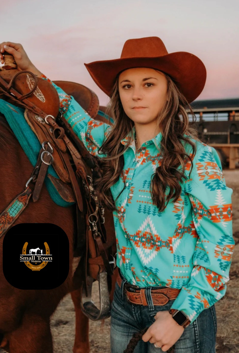 Choctaw Bingo Pearl Snap | Western Cowgirl Aztec Pearl Snap Button-Down Turquoise