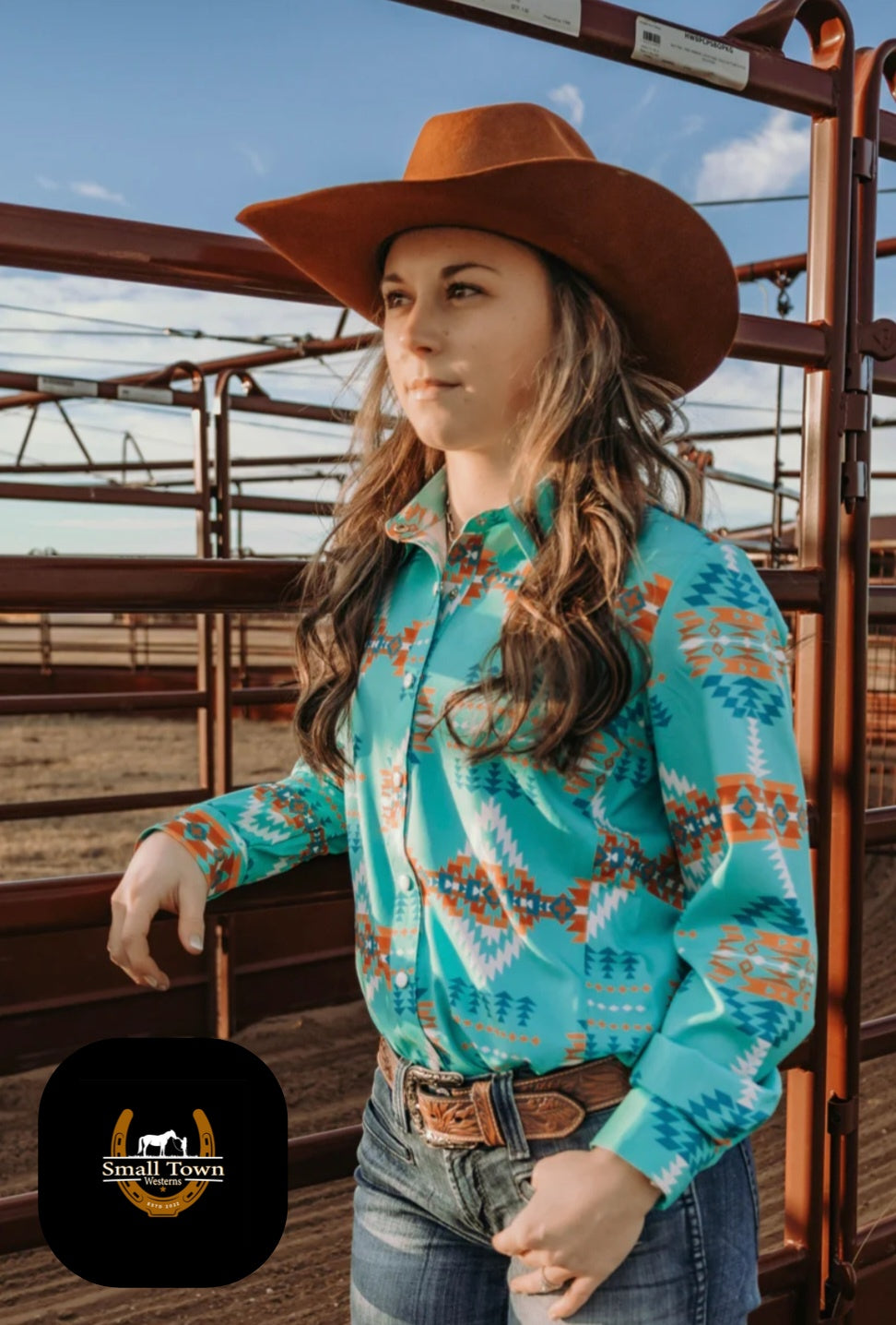 Choctaw Bingo Pearl Snap | Western Cowgirl Aztec Pearl Snap Button-Down Turquoise