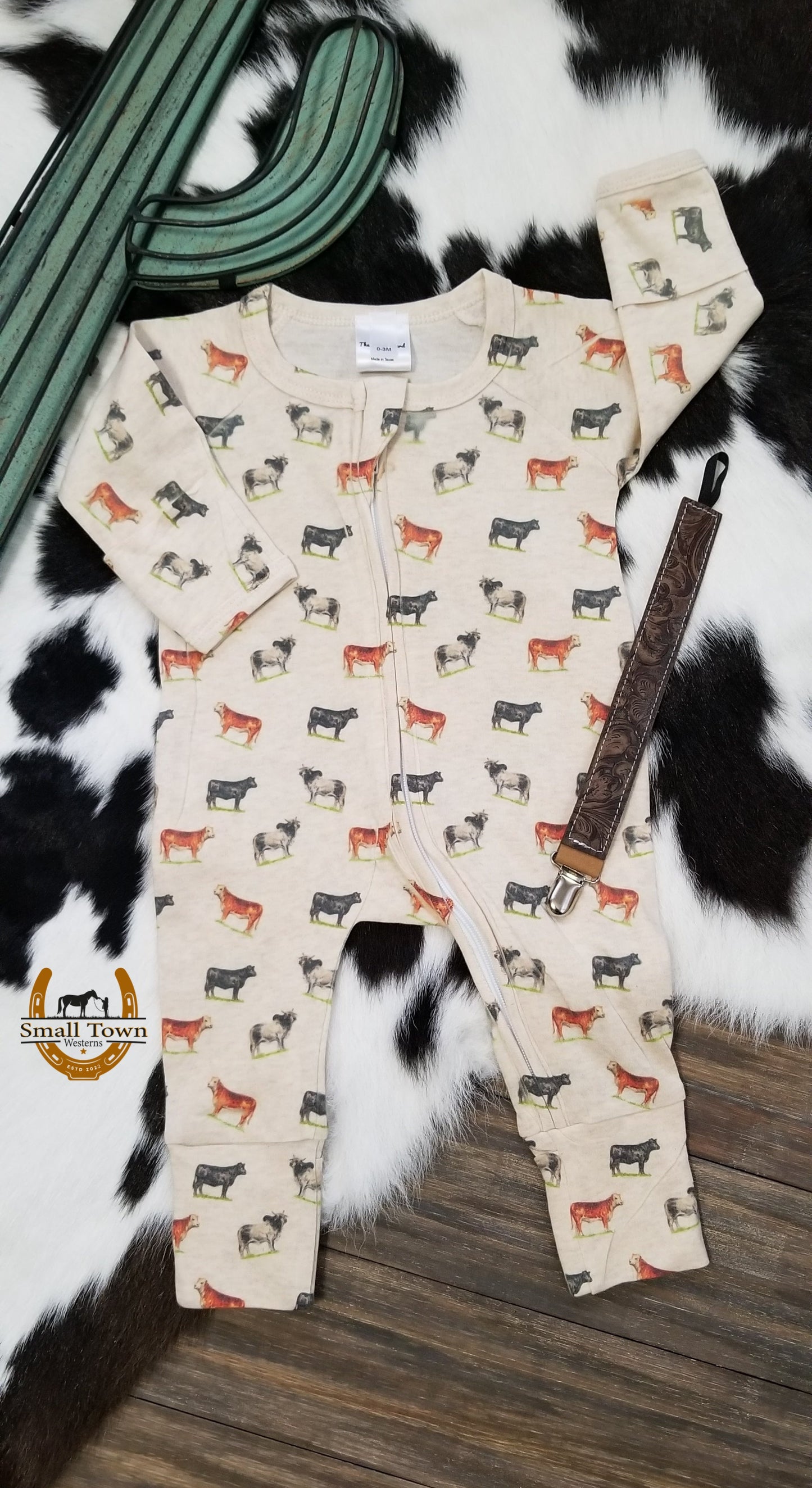 Bred For Success Infant Sleeper | Western Baby Cow Print Footie Sleeper with Mittens