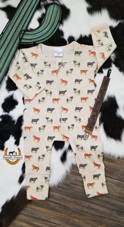 Bred For Success Infant Sleeper | Western Baby Cow Print Footie Sleeper with Mittens