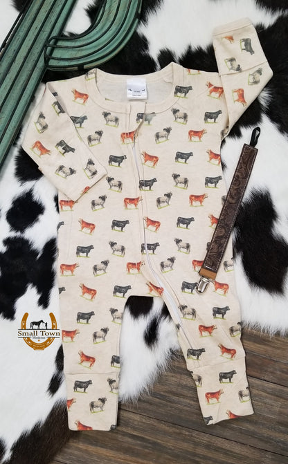 Bred For Success Infant Sleeper | Western Baby Cow Print Footie Sleeper with Mittens