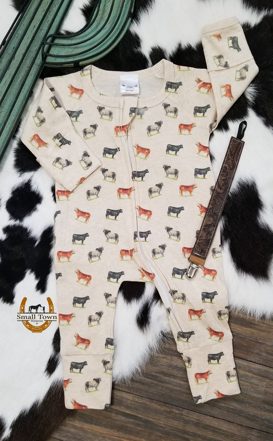 Bred For Success Infant Sleeper | Western Baby Cow Print Footie Sleeper with Mittens