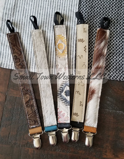 Western Pacifier Clip Holders | Handmade Leather Cowhide Western Baby Pacifier Clip