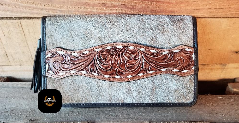Zelda Cowhide Wallet | Western Cowgirl Genuine Hair-On Hide Tooled Leather Wallet