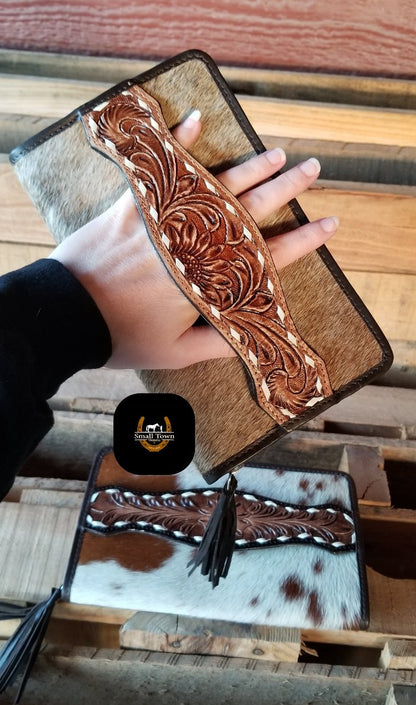Zelda Cowhide Wallet | Western Cowgirl Genuine Hair-On Hide Tooled Leather Wallet