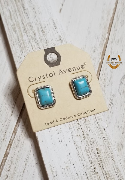Square Faux Turquoise Studs | Western Cowgirl Turquoise Stud Earrings Silver