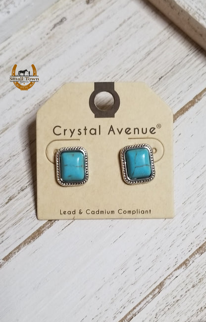 Square Faux Turquoise Studs | Western Cowgirl Turquoise Stud Earrings Silver