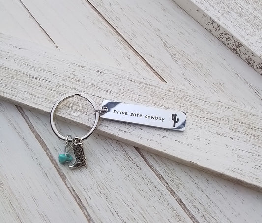 Drive Safe Cowboy Keychain | Western Cowgirl Silver Boot Turquoise Keychain