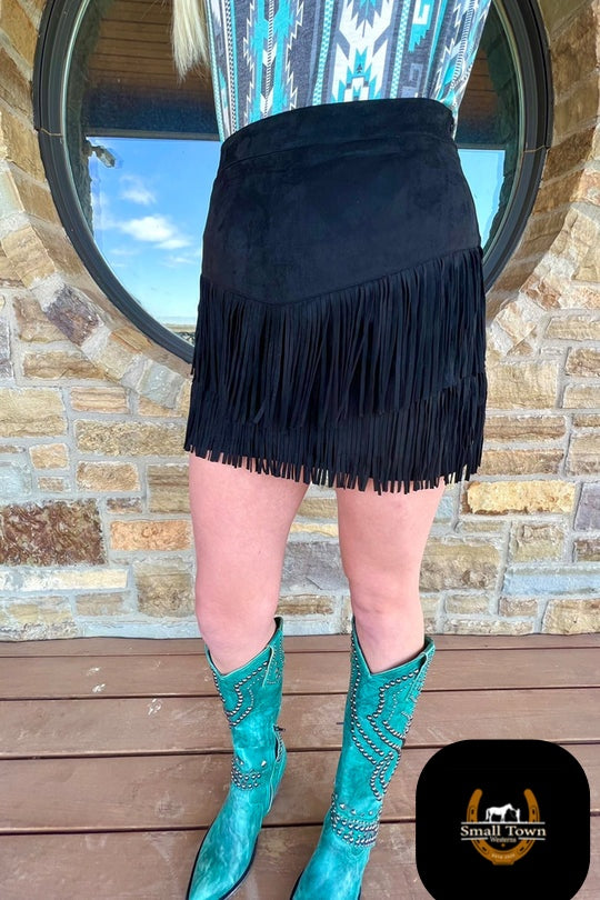 Fort Worth Fringe Skirt - Black | Western Cowgirl Fringe Mini Skirt