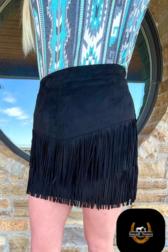 Fort Worth Fringe Skirt - Black | Western Cowgirl Fringe Mini Skirt