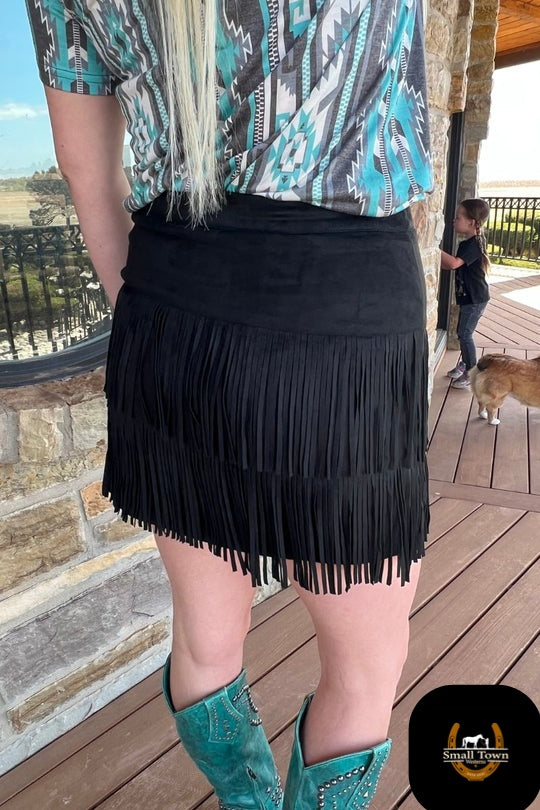 Fort Worth Fringe Skirt - Black | Western Cowgirl Fringe Mini Skirt