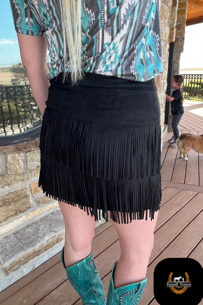 Fort Worth Fringe Skirt - Black | Western Cowgirl Fringe Mini Skirt